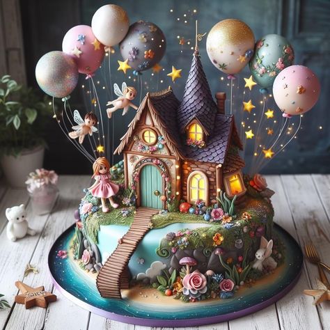 Cake Castle, Whimsical Cakes Birthday, Awesome Birthday Cakes, Fairy House Birthday Cake, Fairyland Cake Design, British Fairy Cakes, Floral Fantasy Cake, Fruit Cake Design, Alice’s Wonderland Bakery Birthday Cake