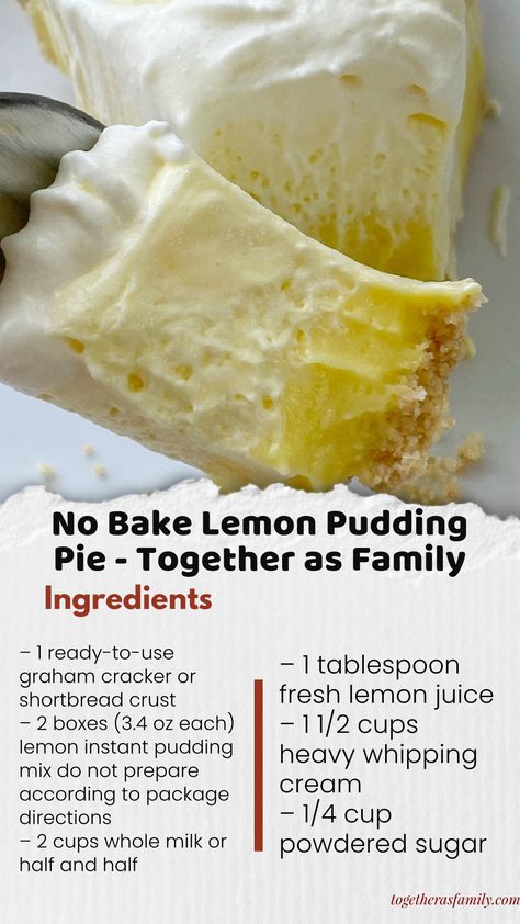 No Bake Lemon Pudding Pie has three layers of lemon pudding, fresh lemon juice, and homemade whipped cream! 5 minutes to make and only 5 ingredients. Pudding Pie Desserts, Cold Pies, Lemon Pudding Pie, Lemon Dishes, Holiday Bites, Guava Desserts, No Bake Lemon, Lemon Cream Pies, Pudding Pie