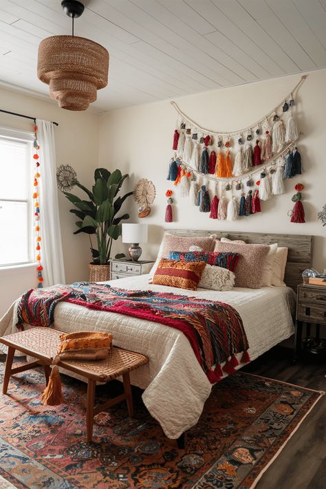 29 Rainbow Boho Bedroom Ideas 19 Rainbow Boho Bedroom, Eclectic Window Treatments, Colorful Shelf, Colorful Bedding, Boho Bedroom Ideas, Rainbow Boho, Patterned Bedding, Boho Deco, Chic Spaces