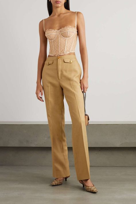 Blush Love Parade silk-blend satin-trimmed lace bustier top | GUCCI | NET-A-PORTER Gucci Love Parade, Honeymoon Wear, Love Parade, Lace Bustier Top, Long Pants Outfit, Top Bustier, Lace Bustier, Style Upgrade, Matthew Williamson