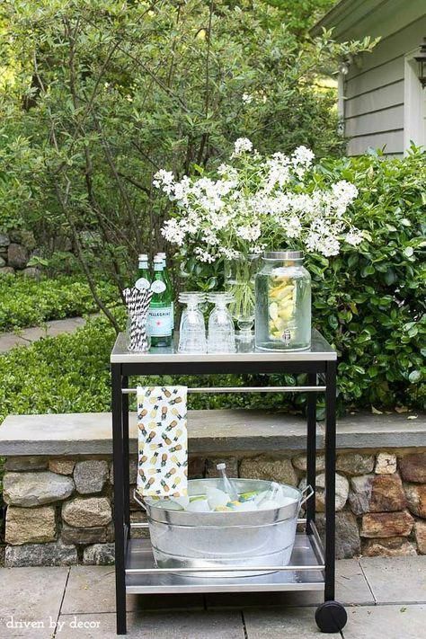 Simple Outdoor Bar, Driven By Decor, Ikea Finds, Outside Bars, Outdoor Space Design, Bar Cart Styling, Bar Cart Decor, Mantel Decor, Outdoor Solar Lights