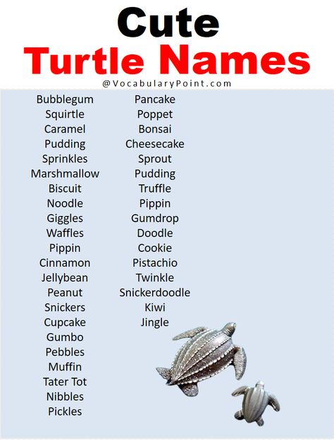 Turtles are fascinating creatures that have been around for millions of years. With their slow and steady pace, they have become a symbol of resilience ... Read more The post Best Turtle Names in English appeared first on Vocabulary Point. Tortoise Name Ideas, Names For Turtles, Pet Turtle Names, Turtle Names Ideas, Ninja Turtles Names, Desert Names, Fish Names, Turtle Names, Land Turtles