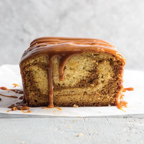 Strewn with ribbons of rich caramel, this Caramel Layer Loaf will quickly become your new favorite dessert. Caramel Layer Loaf   Save Recipe Print Yields: 1 (9x5-Inch) Loaf Ingredients 2¼ cups all-purpose flour, divided ½ cup sugar 1½ teaspoons baking soda ½ teaspoon kosher salt 1 cup whole buttermilk ¾ cup canola oil 2 large ��… New Year's Desserts, Swirled Bread, Summer Baking, Caramel Topping, Homemade Cake Recipes, Sugar Sugar, Favorite Dessert, Caramel Recipes, Quick Breads