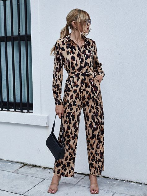 Leopard Print Button Front Belted Jumpsuit | SHEIN USA Striped Cami Tops, Shirt Jumpsuit, Leopard Jumpsuit, Animal Print Jumpsuit, Leopard Print Jumpsuit, Carnation Flower, Shein Pants, Print Jumpsuit, Jumpsuit Online