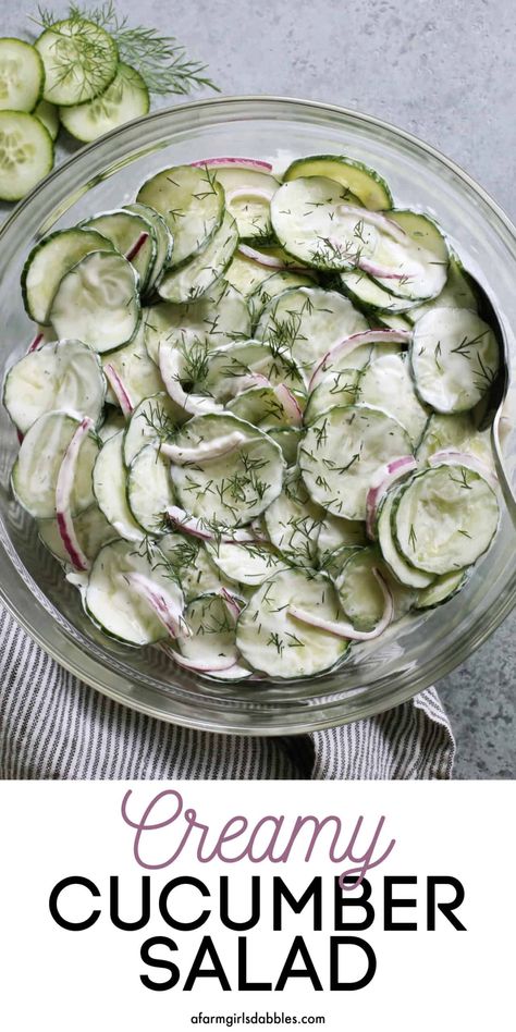 A classic Creamy Cucumber Salad recipe, with fresh cucumbers, onion, and dill. When summer cucumbers are plentiful, this is the salad you'll want to serve with EVERYTHING! Dill Cucumber Salad, Dill Salad Recipe, Dill Cucumber, Crowd Recipes, Cucumber Onion Salad, Cucumber Salads, Salad With Dill, Dill Salad, Cucumber Dill Salad