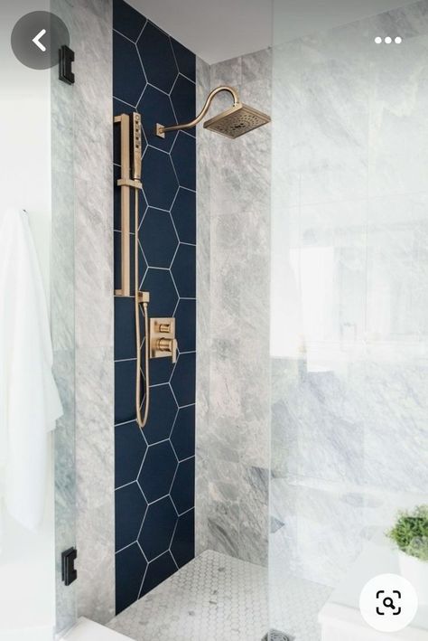 Navy And Chrome Bathroom, Navy Blue And Marble Bathroom, Statement Shower Tile, Tall Ceiling Bathroom Ideas, Marble And Navy Bathroom, Mixing Tile Patterns Bathroom, Pool Powder Room, Navy Ensuite, Navy Tile Shower Ideas