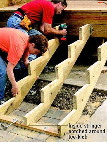 How-to Build Deep and Wide Deck Stairs Wide Deck Steps, Wide Deck Stairs, Build Deck, Stairs Stringer, Laying Decking, How To Build Steps, Deck Steps, Building Stairs, Deck Construction