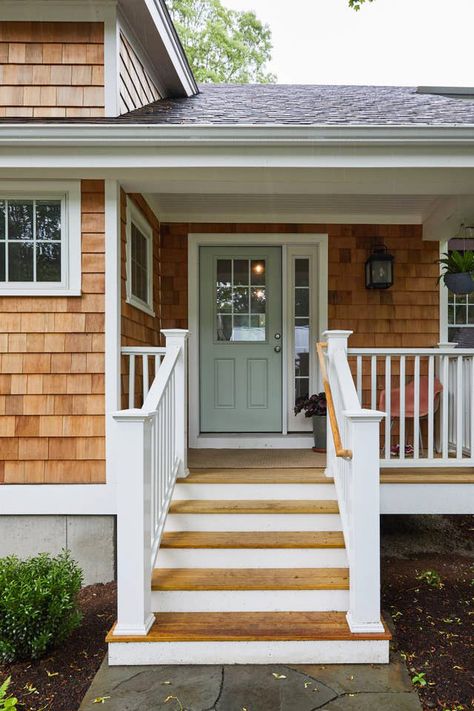 Coastal Exterior | Front Porch Ideas | Front Door with Sidelight | Red Cedar Shingles Front Door With Sidelight, Shingle House Exterior, Cedar Shake House, Door With Sidelight, Cedar Shingle Siding, Cedar Shake Siding, Coastal Exterior, Siding Ideas, White Porch