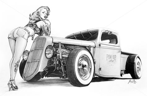 Hot Rod Tattoo, Auto Illustration, Arte Pin Up, Rockabilly Art, Pin Up Drawings, Cool Car Drawings, Modern Pin Up, Pinup Art, Pin Up Tattoos