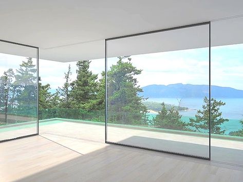 https://architizer.com/brands/vitrocsa/products/turntable-corner Corner Window, Glass Walls, Empty Room, Sliding Windows, Window View, Sliding Glass Door, Glass House, 인테리어 디자인, Penthouse