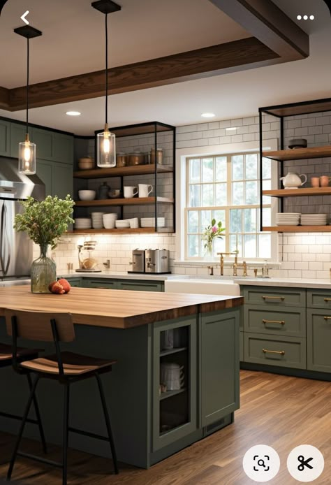 Green Black And White Kitchen, Dark Green Kitchen Cabinets With Butcher Block Countertops, Rustic Green Kitchen Cabinets, Lounge Kitchen, Dark Green Cabinets With Wood Countertop, Green Black Splash Kitchen, Dark Green Kitchen Island Wood Cabinets, Green Cabinets Wood Countertop, Kitchen Design Color Combination