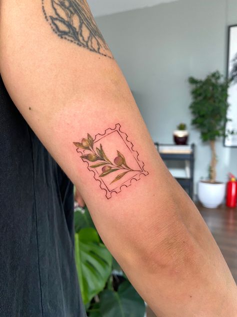 colorful olive tattoo #olivebranchtattoo #olivetattoo #olivebranch Olive Stamp Tattoo, Olive Branch Tattoo Color, Olive Branch Stamp Tattoo, Green Olive Tattoo, Greece Inspired Tattoo, Olive Tattoos, Hannah Michelle, Olive Tree Tattoo, Olive Tree Tattoos