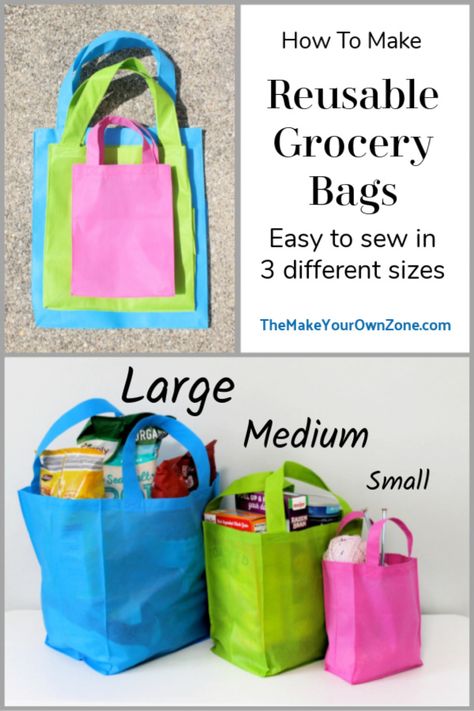 How to sew reusable grocery bags in 3 different sizes via @bevmyo Reusable Grocery Bags Pattern, Diy Reusable Grocery Bags, Diy Grocery Bags, Shopping Bags Diy, Grocery Bag Pattern, Reuseable Bag, Shopping Bag Pattern, Purse Sewing, Tote Bag Pattern Free