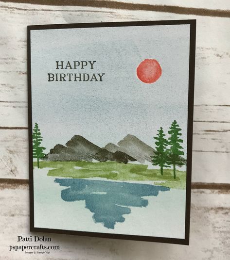 Beautiful Mountain Scene featuring the Stampin Up Waterfront Stamp Set, great masculine birthday card. Brayered the background to give it a soft look, love the watercolor stamped images. Birthday Card Watercolor, For Birthday Card, Diy Halloween Dekoration, Birthday Card Ideas, Stampin Up Card, Ballon Party, Cupcake Card, Watercolor Birthday Cards, Masculine Birthday Cards