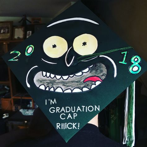 Rick And Morty Graduation Cap, Graduation Diy Decorations, Funny Graduation Caps, College Grad Cap Ideas, Graduation Cap Decoration Diy, High School Graduation Cap, College Graduation Cap Decoration, Grad Hat, Grad Cap Designs