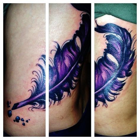 Purple Feather Tattoo <3 Stunning Purple Feather Tattoo, Colorful Feather Tattoo, Feather Tattoo Ideas For Women, Purple Tattoo Ink, Feather Tattoo Ideas, Feather Tattoo Arm, Quill Tattoo, Feather Tattoo Colour, Feather Tattoo Meaning