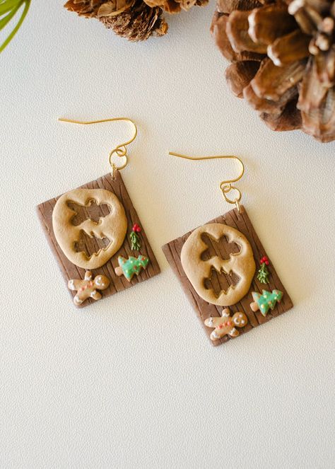 Winter Polymer Clay, Whimsical Christmas Tree, Cookie Earrings, Whimsical Christmas Trees, Aesthetic Jewelry, Cottage Core Aesthetic, Holiday Cookie, Gold Jewelry Earrings, Whimsical Christmas