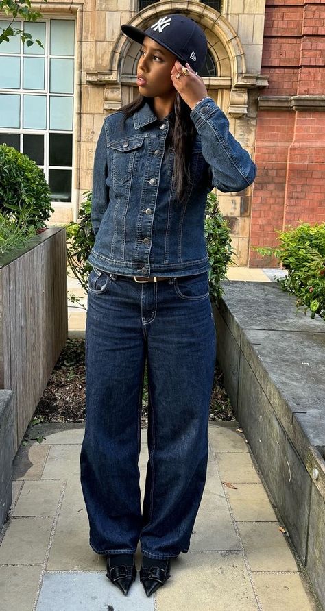 Dark Wash Jeans Outfit Black Women, Dark Denim On Denim Outfit, Denim Long Sleeve Shirt Outfit, What To Wear With Black Jeans, Masc Women Aesthetic, Denim And White Outfits, Blue Jacket Outfits, All Jean Outfit, Denim Outfit Aesthetic