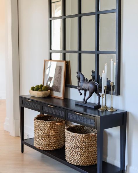 Black Entryway Table, Console Table Black, Red Cabinets, Drawer Console Table, Drawer Console, Console Table Decorating, Hallway Design, Room Renovation, Home Entrance Decor