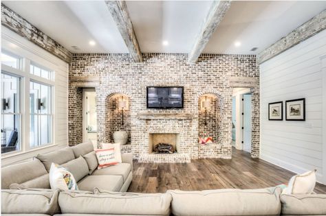 Brick, beams shiplap walls Brick Wall Living Room, Farmhouse Family Rooms, Brick Accent Wall, Brick Interior, Open Concept Living Room, Modern Farmhouse Living Room, White Brick, Family Room Design, Farmhouse Living