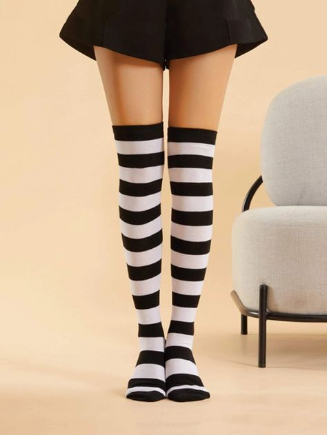 Black And White Striped Knee High Socks, Striped Socks Outfit, October Design, Striped Gloves, Striped Knee High Socks, Pretty Socks, Black And White Socks, Striped Tights, Sock Outfits