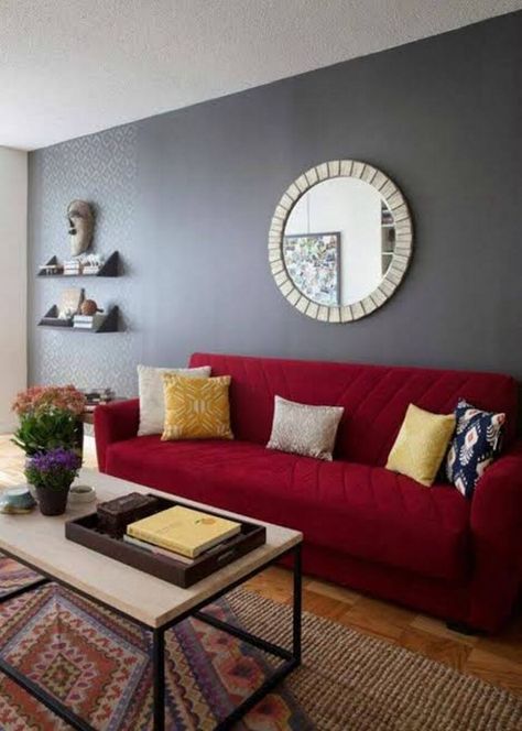 RED LIVING ROOM IDEAS – It isn’t without reasons that red symbolizes bravery. Applying red for our living room takes courage because the color is quit... Red Sofa Decorating, Grey And Red Living Room, Red Sofa Living, Red Furniture Living Room, Red Sofa Living Room, Red Couch Living Room, Furnitur Ruang Keluarga, Grey Couch, Red Living