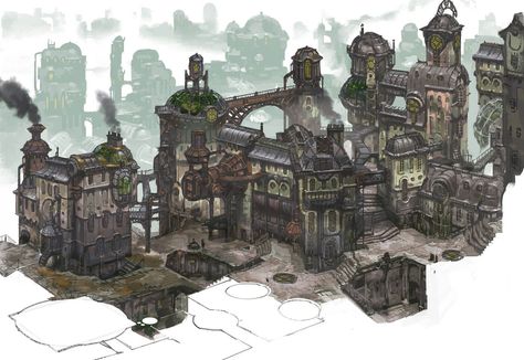 Zaun - Regions - Universe of League of Legends Steampunk Building, Steampunk City, Art Steampunk, Industrial Architecture, Building Concept, Fantasy City, Steampunk Design, Fantasy Places, Steampunk Art