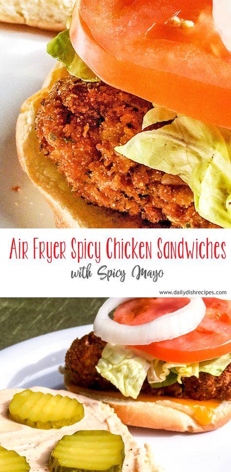 Air frying chicken is an easy way to get lunch or dinner on the table. Using the air fryer keeps the chicken nice and juicy on the inside, and keeps the breading crisp on the outside. These Air Fryer Spicy Chicken Sandwiches are the perfect lunch or fast weeknight dinner. Healthy Air Fryer Dinner, Sandwiches Chicken, Air Fryer Dinner, Spicy Chicken Sandwich, Air Fryer Fried Chicken, Healthy Air Fryer, Spicy Fried Chicken, Spicy Chicken Sandwiches, Breaded Chicken Breast