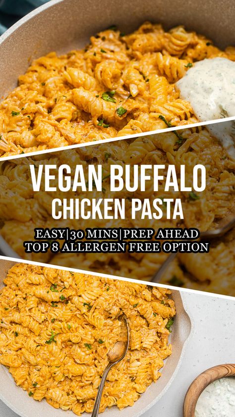 Vegan Buffalo Chicken Pasta Vegan Buffalo Chicken Salad, Buffalo Pasta Recipes, Creamy Buffalo Sauce, Vegan Buffalo Chicken, Buffalo Pasta, Vegan Dinner Rolls, Buffalo Chicken Pasta Salad, Dairy Free Appetizers, Buffalo Recipe