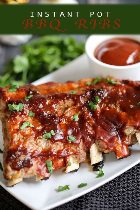 Tender BBQ ribs are finger lickin' good thanks to this super-easy and no-fuss Instant Pot BBQ Ribs recipe. With a spice rub and BBQ sauce broil, this classic comfort food can be on your table in 40 minutes. You'll love this mouthwatering recipe! Instantpot Ribs, Instant Pot Bbq Ribs, Bbq Ribs Recipe, Bbq Recipes Ribs, Crock Pots, Barbecue Ribs, Ribs Recipe, Spice Rub, Smoker Recipes