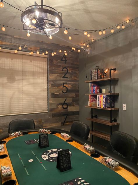 #stikwood #pokerroom #industrial Poker Area Basement, Home Poker Room Ideas, Poker Room In House, Basement Poker Room, Poker Room Ideas Interior Design, Home Poker Room, Poker Room Ideas, Deco Bar, Poker Room