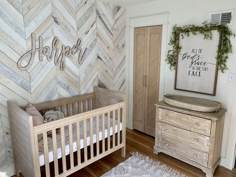 We can't get enough of this white washed herringbone wood accent wall. The whole nursery is gorgeous. Wood Nursery Wall, Wood Wallpaper Accent Wall Bedroom, White Washed Wood, Baby Nursery Inspiration, Farmhouse Nursery, Herringbone Wood, Wood Nursery, Girl Nursery Room, Baby Boy Room Nursery