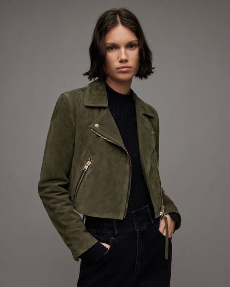 Allsaints Style, Cropped Biker Jacket, Suede Biker Jacket, Suede Biker, Leather Heels Sandals, Green Suede, Accessories For Men, Suede Jacket, 2024 Collection