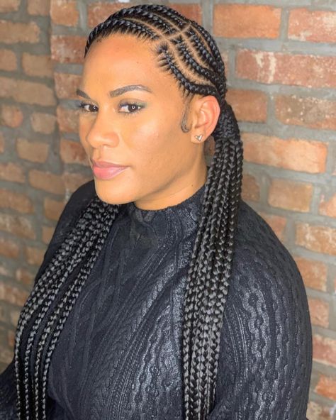 Side-Parted Half Cornrows Half Braids Cornrow All Back Hairstyles, Half Cornrows Half Braids, Half Braids, Short Black Natural Hairstyles, Half Cornrows, Cornrow Braid Styles, Black Braided Hairstyles, Cornrow Ponytail, Different Braids