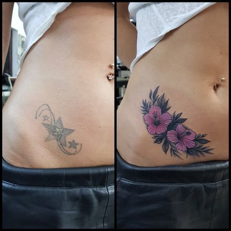 Tattoo Cover Up For Names, Pelvic Tattoo Hip Cover Up, Hip Tattoo Cover Up, Tattoo Name Cover Up, Tattoo Cover Ups For Women, Tattoo Ideas Cover Up, Sideways Tattoo, Word Cover Up Tattoo, Tattoo Near Crotch