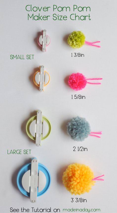 Clover Pom Pom maker tutorial & size chart madeinaday.com Pom Pom Maker Tutorial, Clover Pom Pom Maker, Pom Pom Animals, Diy Pom Poms, Pom Pom Rug, Diy Pom Pom, How To Make A Pom Pom, Pom Pom Maker, Yarn Pom Pom