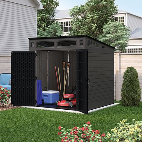 Suncast Garden Shed - 7' x 7' - Peppercorn and Tricorn Black BMS7780 | RONA Gate Landscaping, Plastic Storage Sheds, Yard Gate, Shed Floor, Store Room, Garden Tool Shed, Resin Storage, Plastic Sheds, Outdoor Sheds