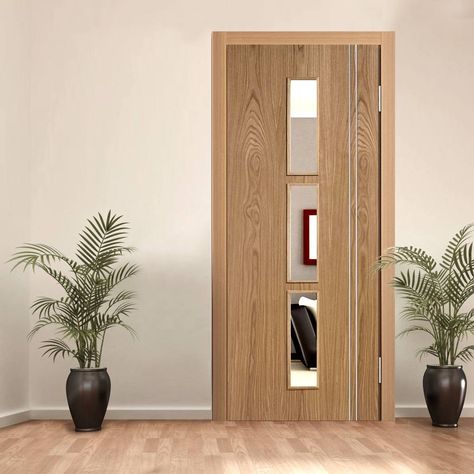 Sierra 3 Light Oak Door with Clear Safety Glass is Fully Prefinished. #glazeddoor #internaloakdoor #lpddoor Safety Door With Glass Design, Office Door Design With Glass And Wood, Wooden Glass Door Design, Glass Doors Interior Modern, Oak Internal Doors, Wooden Glass Door, Internal Oak Doors, Glass Door Design, Fern Design