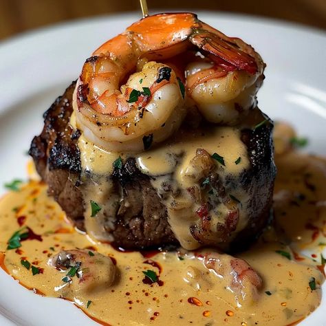 Filet Mignon with Shrimp and Lobster Cream Sauce Food Recipes For Dinner Healthy Low Carb, Steak Shrimp Recipes, Steak Michelin Star, Steak With Lobster Topping, Dinners He Will Love, Shrimp For Dinner Recipes, Fancy Seafood Recipes, Steak With Lobster Sauce, Elegant Dinner Ideas Food