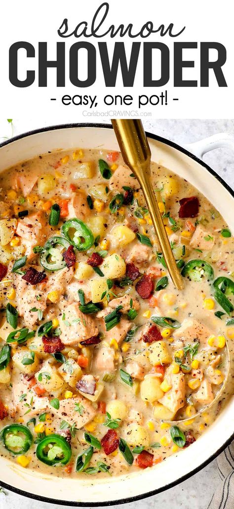 Easy Salmon Chowder + VIDEO (Make Ahead Friendly) Salmon And Corn, Pork Medallion Recipes, Salmon Chowder Recipe, Smoked Salmon Chowder, Buttery Potatoes, Creamy Salmon, Salmon Chowder, Pork Medallions, Recipe Salmon