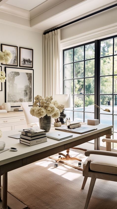 Home Office Lots Of Windows, Home Office In Entryway, French Office Design, Office Desk Facing Window, Modern Classic Home Office, Dream Office Luxury, Home Office With Sofa, Home Office Feminine, Office In Living Room