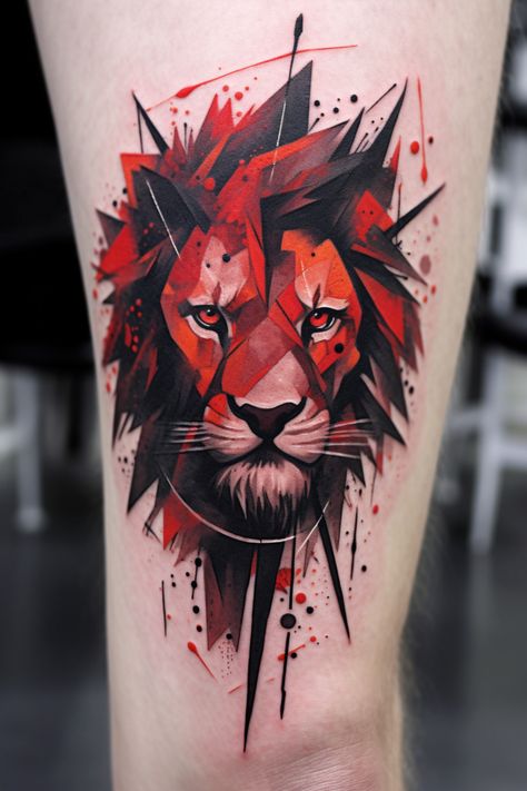 Incredible Tattoos Men, Abstract Lion Tattoo Design, Lion Flames Tattoo, Red Tattoo Aesthetic Men, Lion Trash Polka Tattoo, Modern Lion Tattoo, Red And Black Aesthetic Tattoo, Lion Colour Tattoo, Red Black Tattoo Ideas