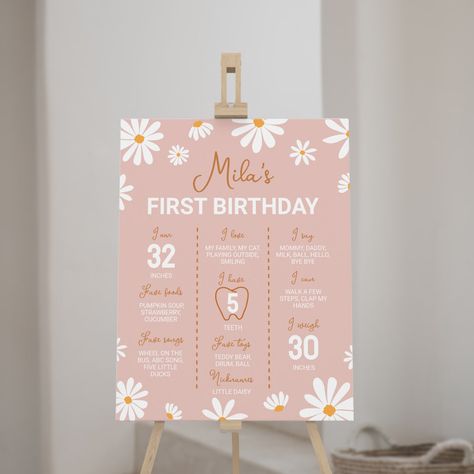 Our daisy birthday milestone poster is the perfect way to celebrate and document a special birthday. The design features a unique and memorable boho theme with space for your child’s name, special milestones, achievements, and memories from their life so far. It’s a great way to celebrate a milestone birthday and to create a lasting memento of the special occasion. This milestone isn’t only a unique decoration, as party guests will have the opportunity to learn more about you child’s first year and their growing personality. Daisy Party Theme 1st Birthdays, Boho Daisy First Birthday, Daisy First Birthday, Boho Posters, Groovy Daisy, Baby First Birthday Themes, First Birthday Milestone, 1st Birthday Signs, Daisy Birthday