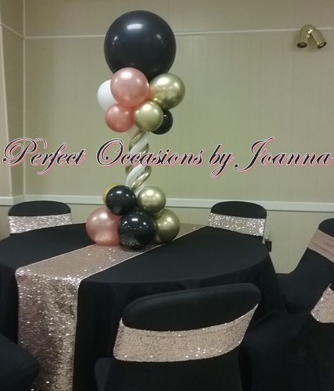 Black, rose gold, white, and chrome gold Rose Gold Black And Gold Party, Rose Gold And Black Centerpiece Birthday, Rose Gold And Black Graduation Party, Rose Gold And Black Party Theme Ideas, Rose Gold And Black Decorations, Black And Rose Gold Table Setting, Black And Rose Gold Centerpieces, Pink Black And Gold Party Decorations, Black And Rose Gold Party Decorations