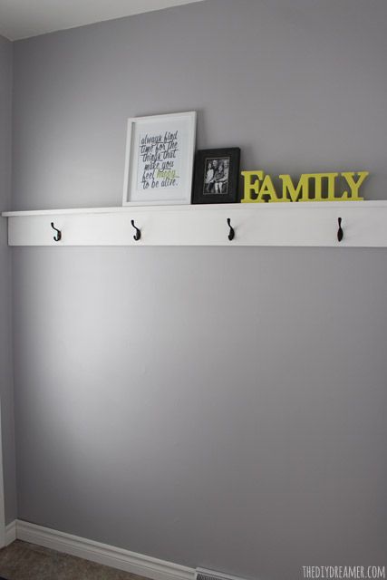 DIY Wood Shelving with Hooks Hook Shelf Entryway, Wall Shelf With Hooks Entry Ways, Diy Shelf With Hooks Entry Ways, Closet Wall Hook Ideas, Shelf With Hooks Entryway, Diy Wall Shelf With Hooks, Diy Shelf With Hooks, Entry Way Hooks And Shelf, Diy Entry Shelf