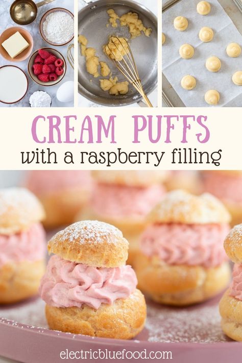 Cream Puffs Filling Ideas, Valentines Cream Puffs, Fancy Cream Puffs, Cream Puff Flavor Ideas, Raspberry Cream Cake Filling, Choux Filling Ideas, Raspberry Pastry Cream, Cream Puff Fillings, Recipes With Frozen Raspberries