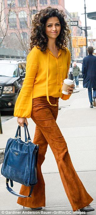 Same blue purse! Camila Alves rocked two brightly-hued pant ensembles while promoting her cooking/lifestyle webseries Camila's Code in Manhattan on Wednesday Blue Purse Outfit, Camilla Alves, Cooking Lifestyle, 70s Fashion Outfits, 70’s Outfit, Stylish Street Style, Luxe Boho, Blue Outfits, Fun Outfits