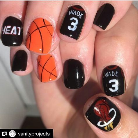 Team Nails Sports, Cute Basketball Nails Design, Miami Heat Nails, Basketball Nails Acrylic, Basketball Nail Art, Basketball Nails Designs, Basketball Nail Designs, Heat Nails, Sporty Nails