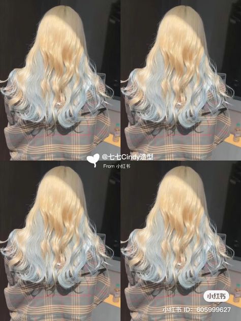 Dye Streaks In Hair, Blonde Hair Light Blue Highlights, Unique Hair Dye Ideas Blonde, Blue Highlights On Blonde Hair, Blond And Blue Hair, Two Hair Colors, Blonde Hair With Color Peekaboos, Blonde Blue Hair, Blue And Blonde Hair