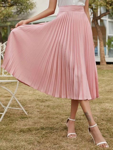 Solid High Waist Pleated Skirt | SHEIN USA Ankle Length Dress Casual, Dusty Pink Style, Unique Outfit Ideas, High Waist Pleated Skirt, Accordion Skirt, Split Hem Skirt, Pleated Fashion, Pink Pleated Skirt, Vestidos Color Rosa